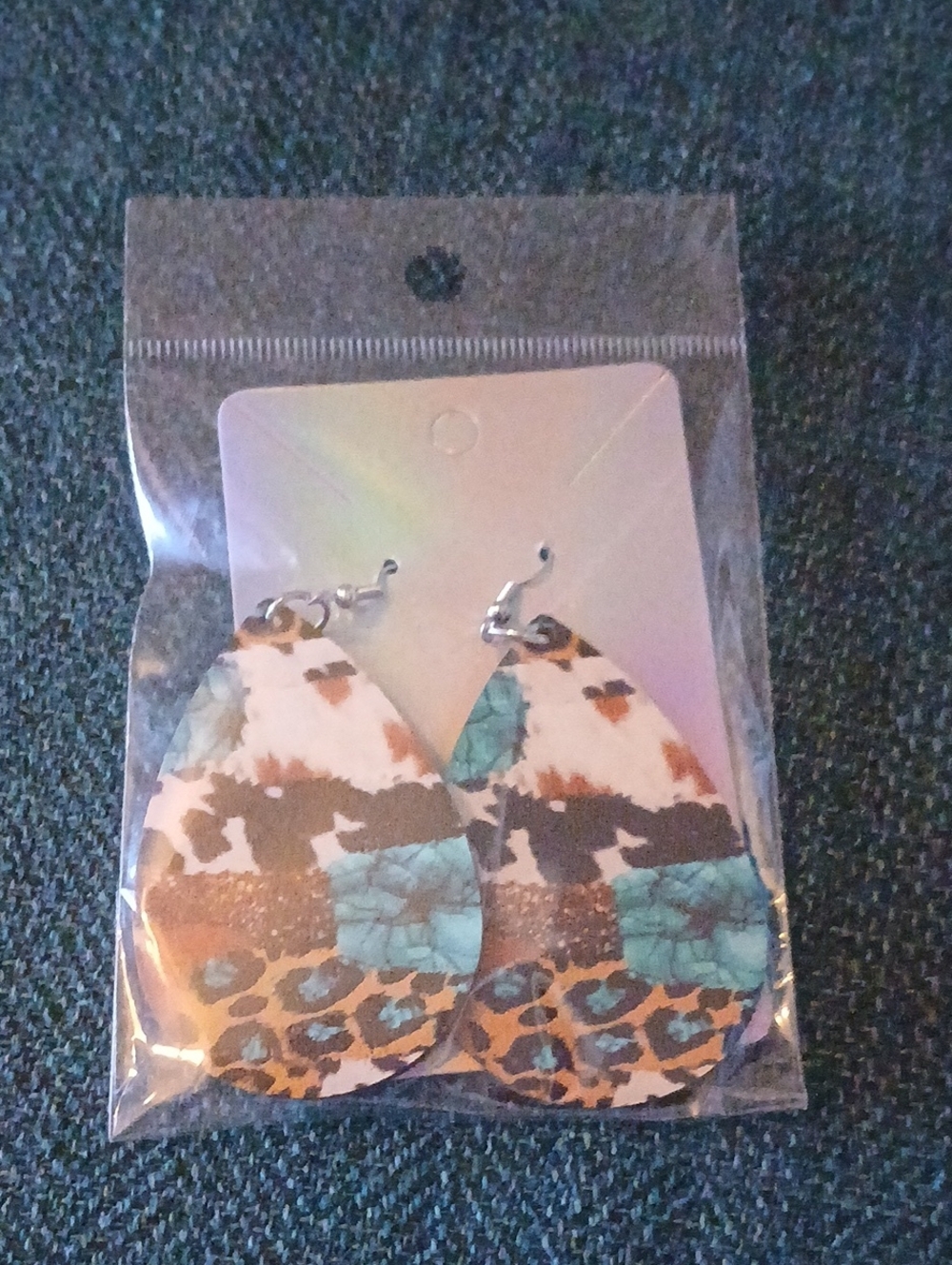 Teardrop Mixed Print Leather Earrings in Turquoise and Brown